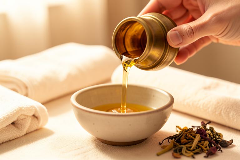 Warm herbal oil prepared for Abhyanga-inspired care